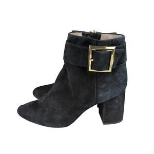Louise et Cie Babette Black Suede Leather Ankle Boots Gold Buckle Women's 9 Heel